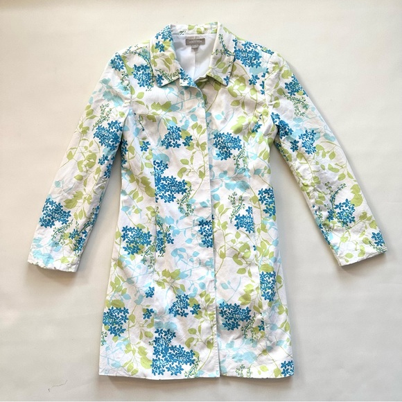 NORDSTROM FLORAL WHITE GREEN BLUE LIGHTWEIGHT KNEE LENGTH TRENCH COAT JACKET Sz6 - Picture 5 of 12